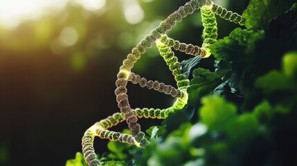 Poster - Bioinformatics in agricultural science visualized with glowing plant DNA.