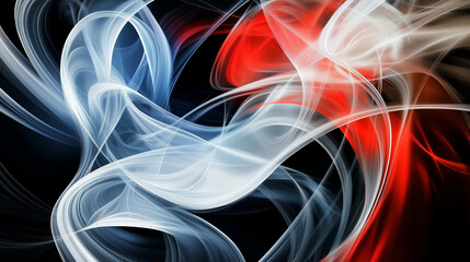 Poster - Dynamic abstract background with flowing smoke and elegant curved lines in red, white, and blue on a deep black backdrop. Modern digital design for technology, energy, and artistic compositions.