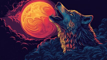  Wolf howling at an orange moon in a dark, colorful night sky filled with clouds