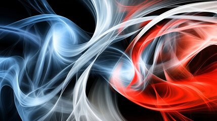 Poster - Dynamic abstract background with flowing smoke and elegant curved lines in red, white, and blue on a deep black backdrop. Modern digital design for technology, energy, and artistic compositions.