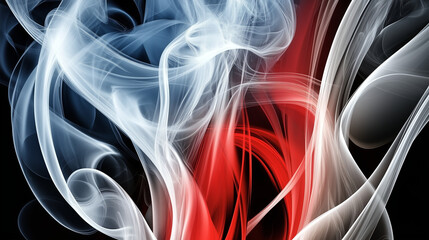 Poster - Dynamic abstract background with flowing smoke and elegant curved lines in red, white, and blue on a deep black backdrop. Modern digital design for technology, energy, and artistic compositions.