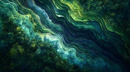 Poster - Vibrant abstract waves of green and blue, enchanting fluid patterns, ideal for backgrounds or creative design elements.