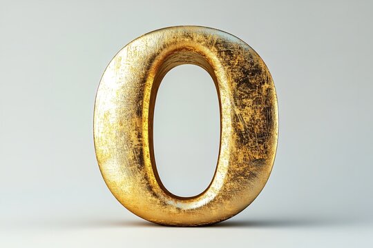 Isolated on a white backdrop is the 3D letter O in a gold serif typeface.  Generative Ai