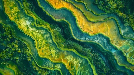 Poster - Abstract green and yellow wave patterns, vibrant fluid shapes creating a harmonious natural feel, ideal for background design.
