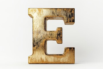 Poster - The fresh brushed gold serif typeface used to create the 3D letter E is isolated on a white backdrop. Generative Ai