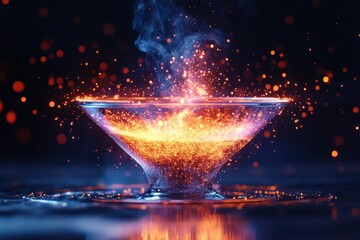 Poster - Vibrant particle animation forms a chaotic funnel shape, radiating light and energy against a dark background, creating mesmerizing visual effects