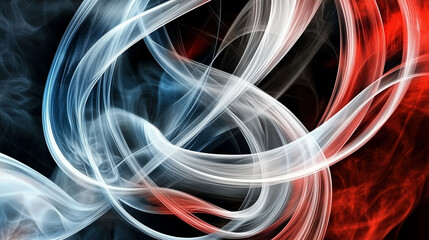 Poster - Dynamic abstract background with flowing smoke and elegant curved lines in red, white, and blue on a deep black backdrop. Modern digital design for technology, energy, and artistic compositions.