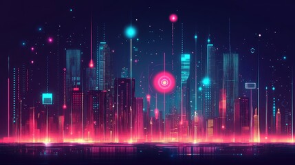 Poster - Glowing holographic city skyline with digital advertisements and floating billboards.