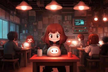 Poster - A pixelated 8-bit classroom with students sitting at pixel desks and a teacher in front