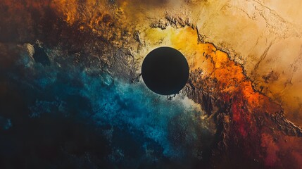 Poster - vibrant cosmic scene, deep space with colorful nebula clouds surrounding a dark celestial body, perf