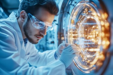 Poster - A scientist in a lab coat conducting research as part of a full-time job in a laboratory