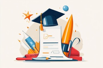 Poster - A simple, clean icon of a graduation cap above a test sheet, symbolizing academic placement