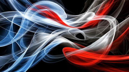 Poster - Dynamic abstract background with flowing smoke and elegant curved lines in red, white, and blue on a deep black backdrop. Modern digital design for technology, energy, and artistic compositions.