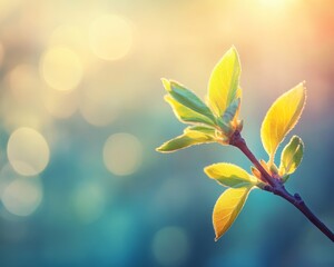 Sticker - Green Leaves Budding on Thin Branch, Spring Sunlight Backlit with Sun Flare, Blurred Background