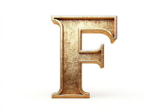 The gold serif font of the 3D letter F is isolated on a white backdrop. Generative Ai