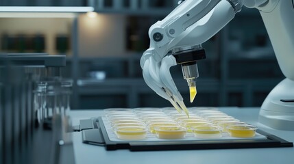 Poster - Robotic arms handling petri dishes in a sterile biotech lab.