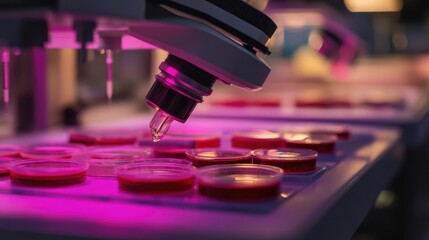 Poster - Robotic arms handling petri dishes in a sterile biotech lab.