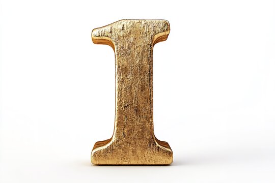 The gold serif font of the 3D letter I is isolated on a white backdrop. Generative Ai