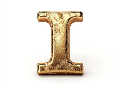 The gold serif font of the 3D letter I is isolated on a white backdrop. Generative Ai
