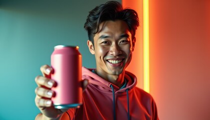 Aufkleber - Asian man in sporty outfit showcasing protein can mockup on vibrant background