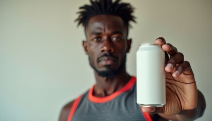 Aufkleber - African-American man in sporty outfit showcasing protein can mockup