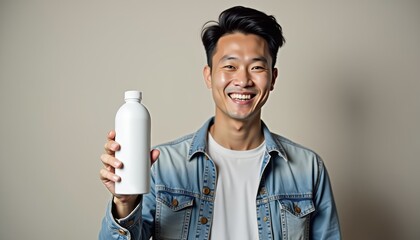 Aufkleber - Asian man holding water bottle mockup on neutral background