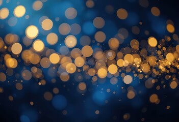 Poster - Abstract dark blue glitter and gold particle blur background with golden light Bokeh, golden shining particles on navy blue, gold foil texture, festive holiday concept