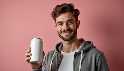 Aufkleber - European man in sportswear holding protein can mockup on vibrant background