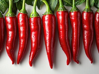 Red Chili Peppers Arranged In A Row With Leaves