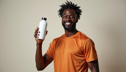 Aufkleber - African-American man in sporty outfit presenting water bottle mockup on neutral background