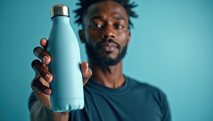 Aufkleber - African-American man showcasing branded water bottle mockup on blue background
