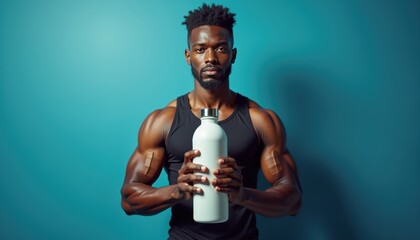 Aufkleber - Young African-American man in fitness outfit holding water bottle mockup