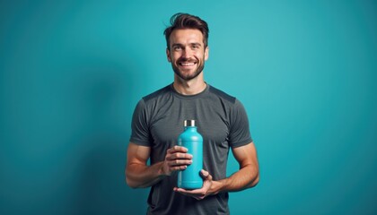 Aufkleber - European man in sporty outfit presenting water bottle mockup on blue background