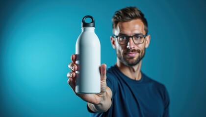 Aufkleber -  European man showcasing branded water bottle mockup on blue background