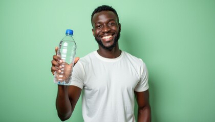 Aufkleber - Young African-American man holding water bottle mockup on green background