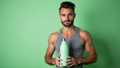 Poster - Young European man in fitness outfit holding water bottle mockup