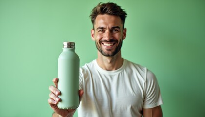 Aufkleber -  European man in activewear presenting water bottle mockup