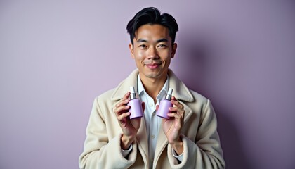 Poster -  Young Asian man holding shaving cosmetics mockup with both hands