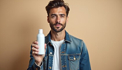 Poster -  European man in smart casual wear presenting shaving cosmetics mockup