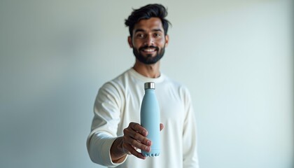 Aufkleber - Indian man holding sleek water bottle mockup against bright background