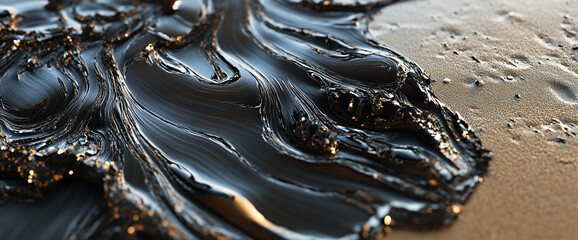 Poster - Close-up of black liquid flowing on sandy surface, showcasing smooth, glossy textures and intricate patterns formed by the liquid on the surface.