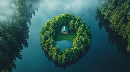 Wall Mural - Misty forest lake island cabin; Aerial view of tranquil nature scene. Possible use Nature photography, travel brochure