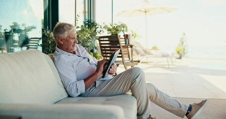Poster - Senior man, tablet and outdoor for digital news, scroll article and online for reading column. Elderly person, home backyard and ebook for retirement entertainment, media update and email contact