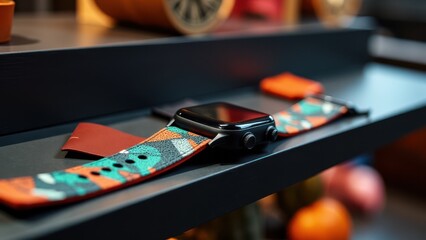 A smartwatch with a colorful, patterned watch strap is displayed on a shelf.