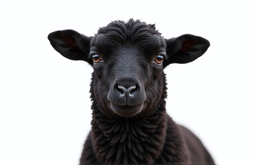 Poster - A Black Lamb Portrait Stands Alone Against A Clean White Background Creating A Simple Yet Striking Visual Contrast Effect. 00001