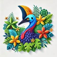 Naklejka na meble Vibrant Cassowary Illustration, Exquisite Paper Art with Lush Foliage