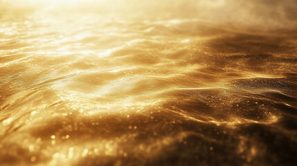 Poster - Close-up of a shimmering golden sea surface, with soft ripples and glimmering light, symbolizing tranquility, luxury, and nature's elegance, perfect for backgrounds and design.