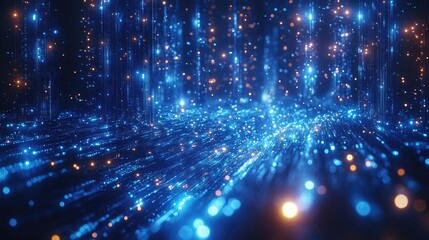 A vibrant digital landscape featuring flowing streams of binary code (ones and zeros) against a blurred,