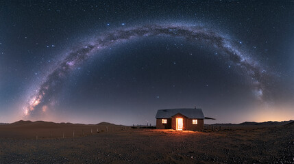 Poster - A house in the desert with the Milky Way above it, illuminated by a warm light from the door, showcasing the beauty of a clear starry night and remote landscapes.