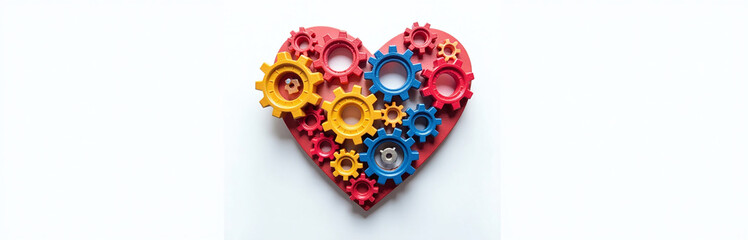 Poster - A Colorful Mechanical Heart Made Up Of Interlocking Gears Is Prominently Displayed Against A Clean White Background. 00001